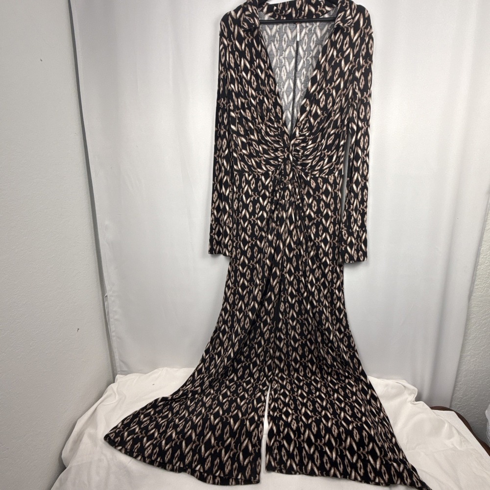 Free People Shayla Jumpsuit Ikat Print Wide Leg Long Sleeve Plunge Boho